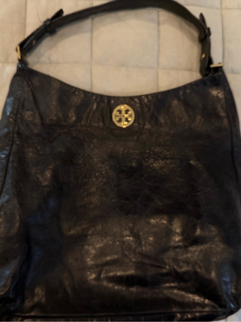 Tory Burch Black Leather Shoulder Bag with Gold Logo